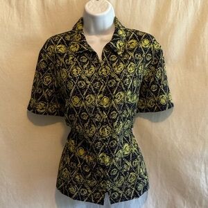 E-170 Rafael Blue & Green Zip up Short Sleeve Blouse Size 10‎